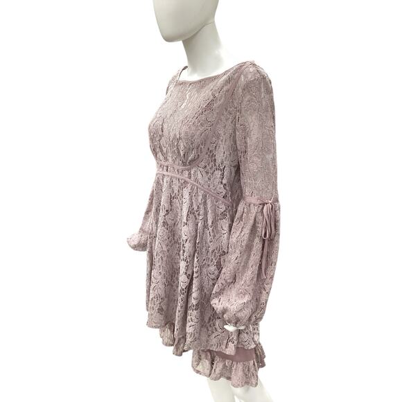Free People Dress Women’s SZ M Lace Ballon Sleeves Knee Length Light Mauve Color - Picture 2 of 6